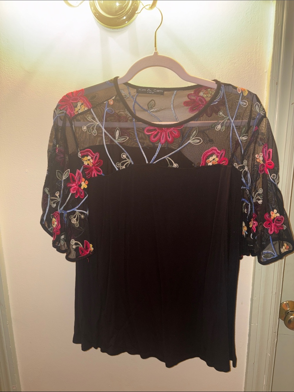 Kim & Cami Black Top with Floral Embroidered Mesh Yoke and Flutter Sleeves XL